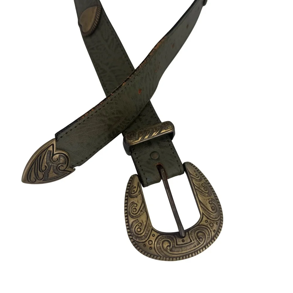 VTG Olive‎ Green Leather Western Belt Heart Star Conchos Brass Buckle USA S/M